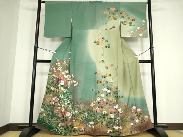平和屋着物●訪問着　刺繍　流水花文　暈し染め　金彩　正絹　逸品　DABC3205az
