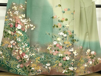 平和屋着物●訪問着　刺繍　流水花文　暈し染め　金彩　正絹　逸品　DABC3205az