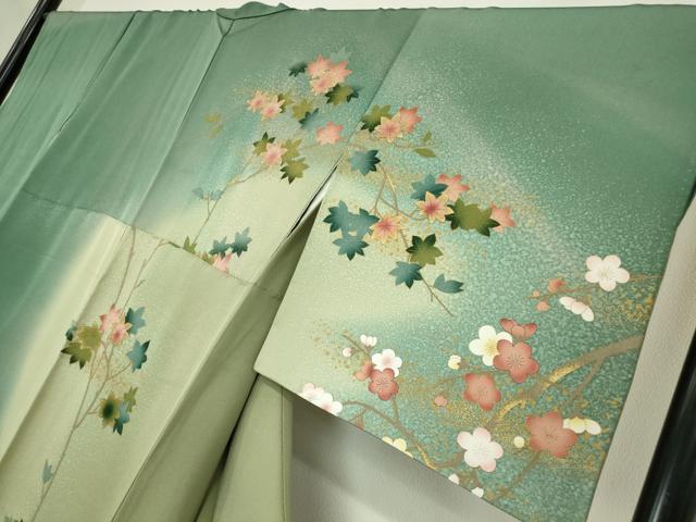 平和屋着物●訪問着　刺繍　流水花文　暈し染め　金彩　正絹　逸品　DABC3205az