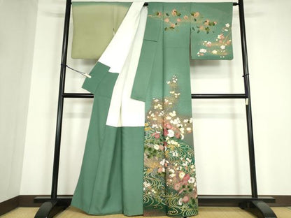 平和屋着物●訪問着　刺繍　流水花文　暈し染め　金彩　正絹　逸品　DABC3205az
