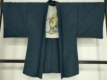 平和屋着物●男性　髭紬　アンサンブル　長襦袢(袷)セット　長羽織　紺色　正絹　逸品DABC3211az