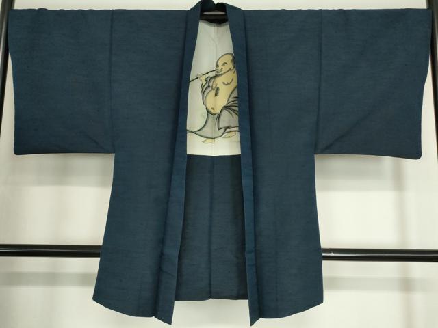 平和屋着物●男性　髭紬　アンサンブル　長襦袢(袷)セット　長羽織　紺色　正絹　逸品DABC3211az