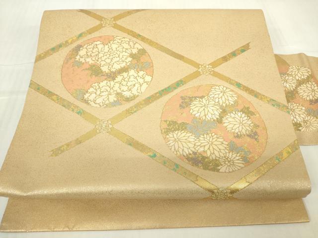 平和屋着物▼九寸名古屋帯　螺鈿箔　天井花丸文　金彩　正絹　逸品　DABC3221az