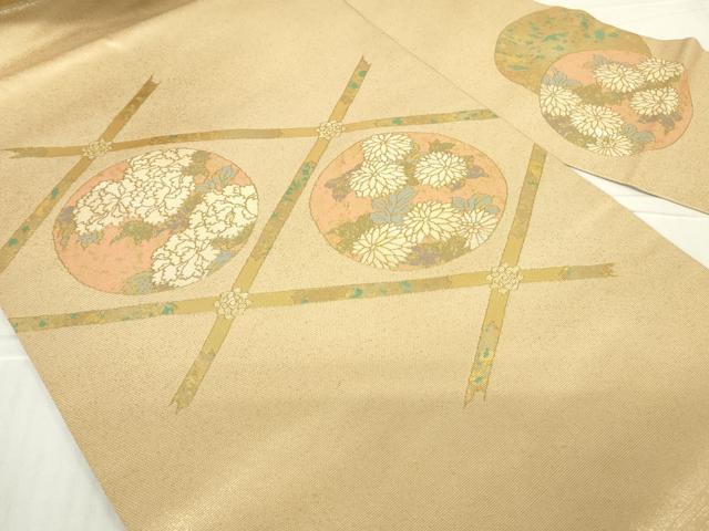 平和屋着物▼九寸名古屋帯　螺鈿箔　天井花丸文　金彩　正絹　逸品　DABC3221az