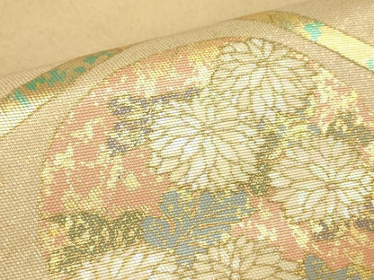平和屋着物▼九寸名古屋帯　螺鈿箔　天井花丸文　金彩　正絹　逸品　DABC3221az