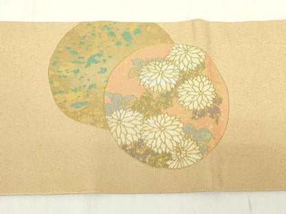 平和屋着物▼九寸名古屋帯　螺鈿箔　天井花丸文　金彩　正絹　逸品　DABC3221az