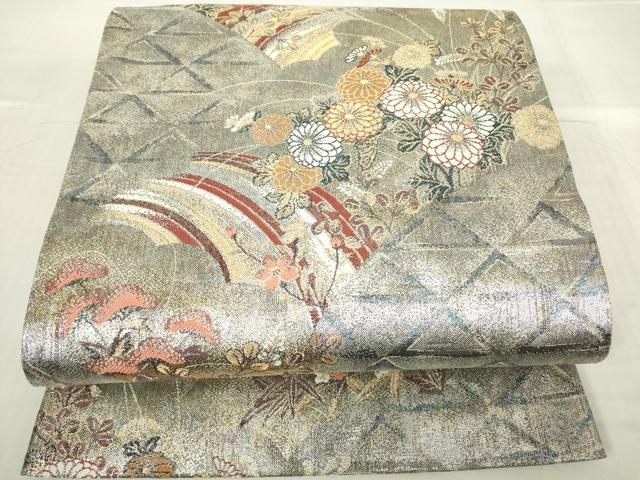 平和屋着物▼六通柄袋帯　瑞雲煌彩菊花文　金銀糸　正絹　逸品　DABC3226az
