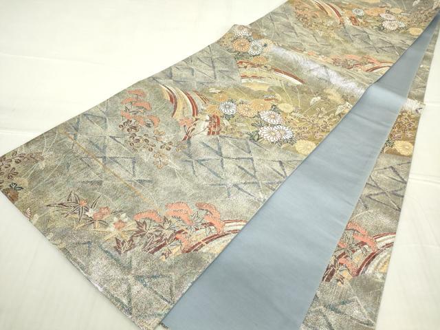 平和屋着物▼六通柄袋帯　瑞雲煌彩菊花文　金銀糸　正絹　逸品　DABC3226az