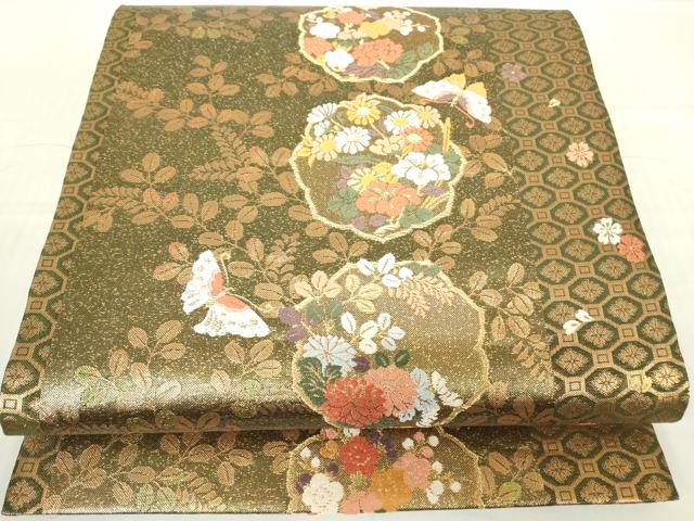 平和屋着物▼佐賀錦　六通柄袋帯　舞蝶花文　金糸　正絹　逸品　DABC3229az