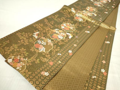 平和屋着物▼佐賀錦　六通柄袋帯　舞蝶花文　金糸　正絹　逸品　DABC3229az