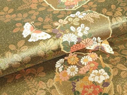 平和屋着物▼佐賀錦　六通柄袋帯　舞蝶花文　金糸　正絹　逸品　DABC3229az