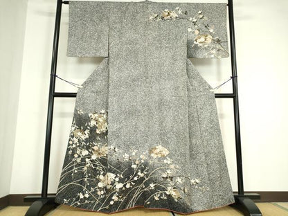 平和屋着物●訪問着　地紙枝花文　たたき染め　黒地　金銀彩　正絹　逸品　DABC3238az