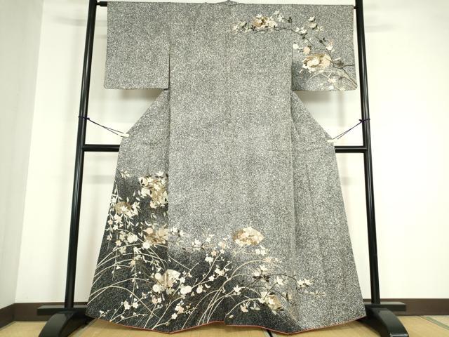 平和屋着物●訪問着　地紙枝花文　たたき染め　黒地　金銀彩　正絹　逸品　DABC3238az