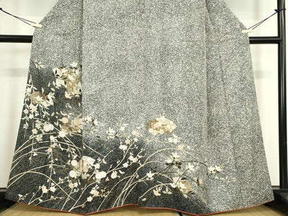 平和屋着物●訪問着　地紙枝花文　たたき染め　黒地　金銀彩　正絹　逸品　DABC3238az