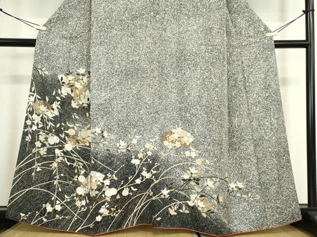 平和屋着物●訪問着　地紙枝花文　たたき染め　黒地　金銀彩　正絹　逸品　DABC3238az