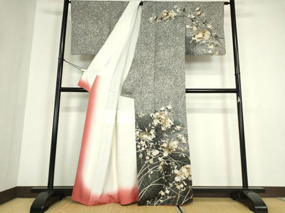 平和屋着物●訪問着　地紙枝花文　たたき染め　黒地　金銀彩　正絹　逸品　DABC3238az