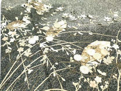 平和屋着物●訪問着　地紙枝花文　たたき染め　黒地　金銀彩　正絹　逸品　DABC3238az