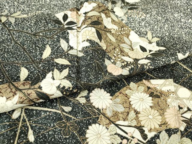 平和屋着物●訪問着　地紙枝花文　たたき染め　黒地　金銀彩　正絹　逸品　DABC3238az