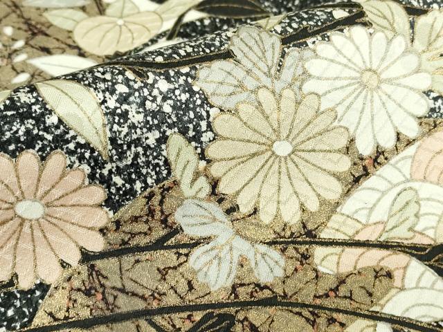 平和屋着物●訪問着　地紙枝花文　たたき染め　黒地　金銀彩　正絹　逸品　DABC3238az