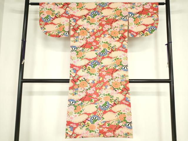 平和屋着物●アンティーク　大正ロマン　長襦袢　袷　御所車花文　正絹　逸品　DABC3270az
