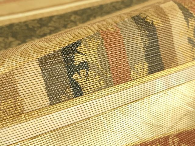 平和屋着物▼太鼓柄袋帯 螺鈿箔 横段文 金彩 正絹 逸品 DABC3326az