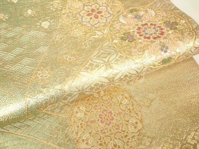平和屋着物▼六通柄袋帯 正倉院花鳥文 金糸 正絹 逸品 DABC3334az