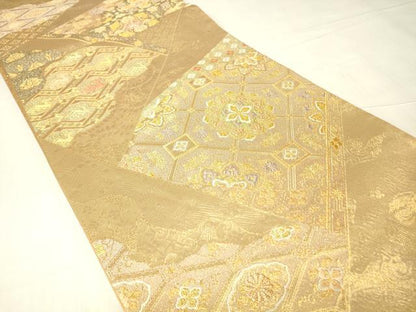 平和屋着物▼六通柄袋帯　正倉院名物裂花文　金糸　正絹　逸品　DABC3395az