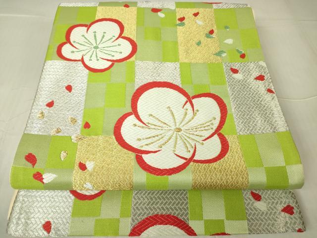 平和屋着物▼六通柄袋帯　市松舞花文　金銀糸　正絹　逸品　DABC3398az