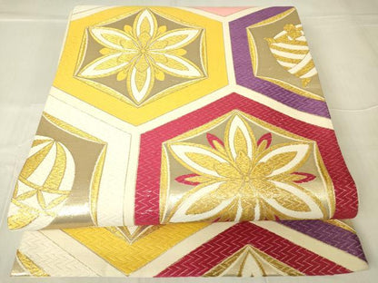 平和屋着物▼六通柄袋帯　唐織　亀甲花文　金糸　正絹　逸品　DABC3401az