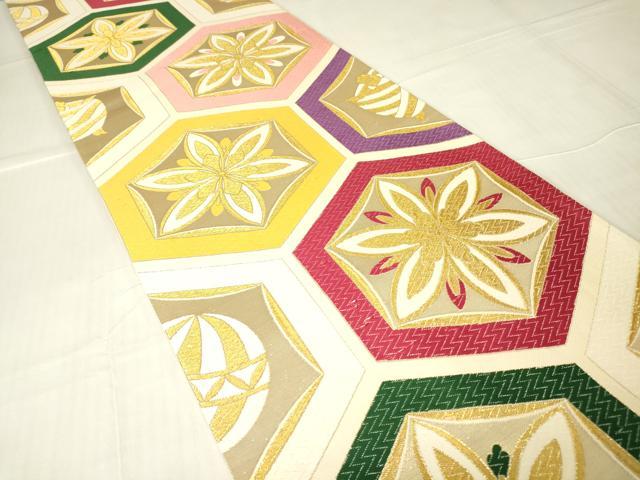 平和屋着物▼六通柄袋帯　唐織　亀甲花文　金糸　正絹　逸品　DABC3401az