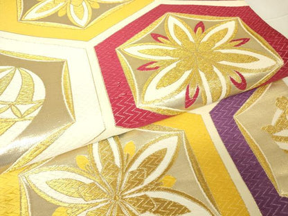 平和屋着物▼六通柄袋帯　唐織　亀甲花文　金糸　正絹　逸品　DABC3401az