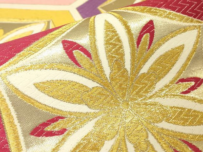 平和屋着物▼六通柄袋帯　唐織　亀甲花文　金糸　正絹　逸品　DABC3401az