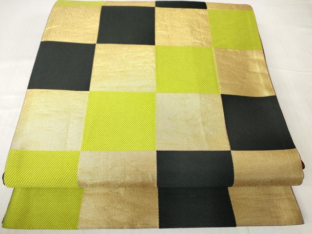 平和屋着物▼両面　六通柄袋帯　市松文　金糸　正絹　逸品　DABC3404az