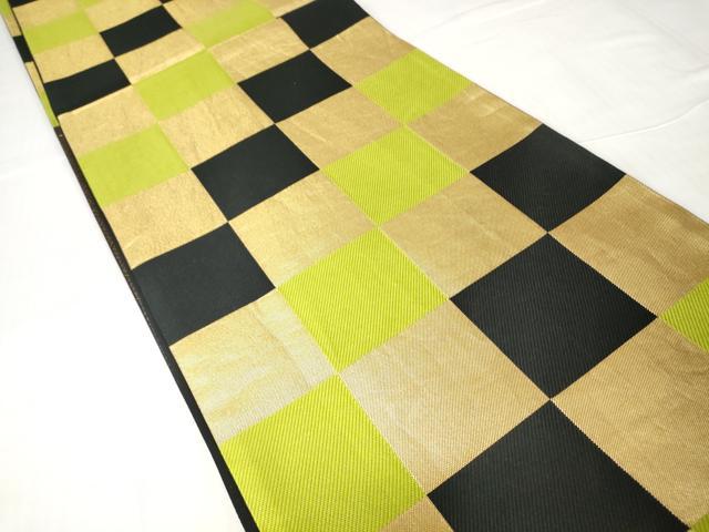 平和屋着物▼両面　六通柄袋帯　市松文　金糸　正絹　逸品　DABC3404az