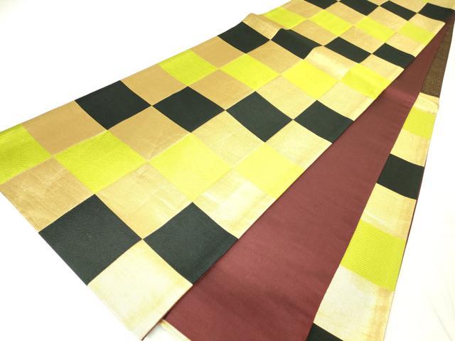 平和屋着物▼両面　六通柄袋帯　市松文　金糸　正絹　逸品　DABC3404az