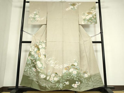 平和屋着物●訪問着　鴛鴦扇面花文　暈し染め　金彩　正絹　逸品　DABC3412az