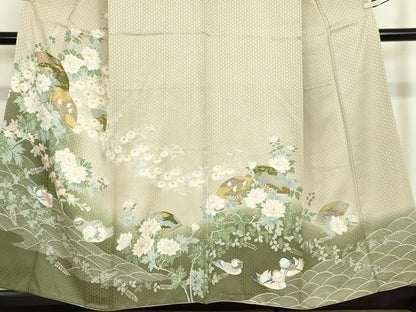 平和屋着物●訪問着　鴛鴦扇面花文　暈し染め　金彩　正絹　逸品　DABC3412az
