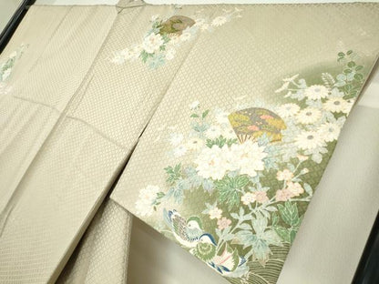 平和屋着物●訪問着　鴛鴦扇面花文　暈し染め　金彩　正絹　逸品　DABC3412az