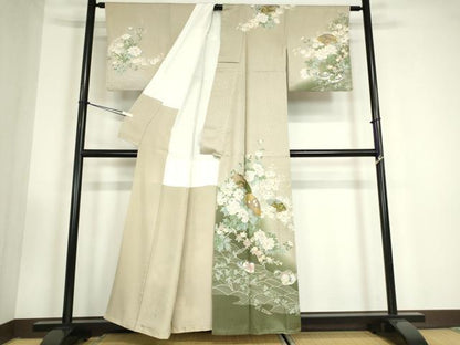 平和屋着物●訪問着　鴛鴦扇面花文　暈し染め　金彩　正絹　逸品　DABC3412az