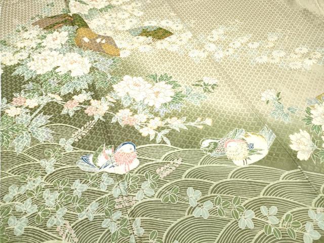 平和屋着物●訪問着　鴛鴦扇面花文　暈し染め　金彩　正絹　逸品　DABC3412az