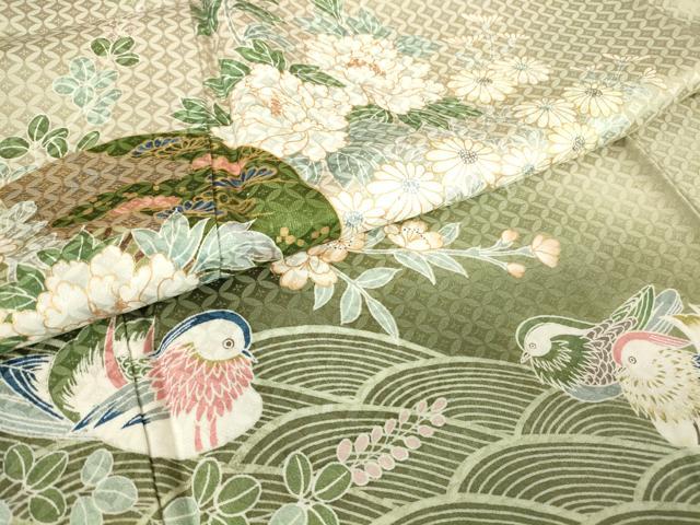 平和屋着物●訪問着　鴛鴦扇面花文　暈し染め　金彩　正絹　逸品　DABC3412az
