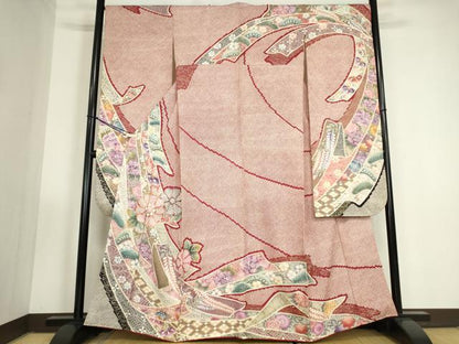 平和屋着物●訪問着　駒刺繍　ふくれ織　束ね熨斗花文　金彩　正絹　逸品　DABC3413az
