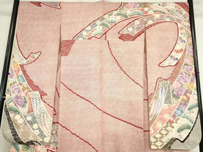 平和屋着物●訪問着　駒刺繍　ふくれ織　束ね熨斗花文　金彩　正絹　逸品　DABC3413az