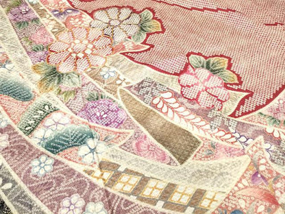 平和屋着物●訪問着　駒刺繍　ふくれ織　束ね熨斗花文　金彩　正絹　逸品　DABC3413az