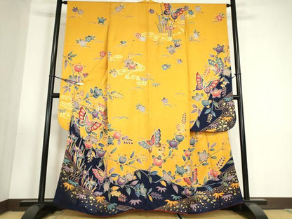 平和屋着物●豪華振袖　舞蝶吉祥花文　型染　金彩　正絹　逸品　DABC3414az