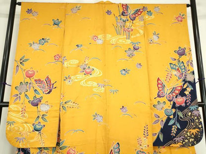 平和屋着物●豪華振袖　舞蝶吉祥花文　型染　金彩　正絹　逸品　DABC3414az