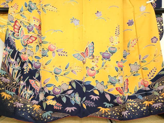 平和屋着物●豪華振袖　舞蝶吉祥花文　型染　金彩　正絹　逸品　DABC3414az