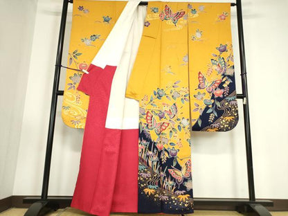 平和屋着物●豪華振袖　舞蝶吉祥花文　型染　金彩　正絹　逸品　DABC3414az