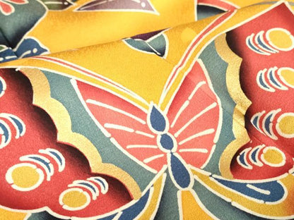 平和屋着物●豪華振袖　舞蝶吉祥花文　型染　金彩　正絹　逸品　DABC3414az