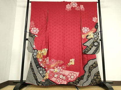 平和屋着物●豪華振袖　駒刺繍　絞り　御所車花文　金彩　ますいわ屋扱い　正絹　逸品　DABC3417az